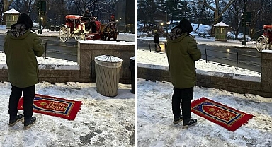 Central Park'tan insan manzaraları: Karların altında namazını kıldı